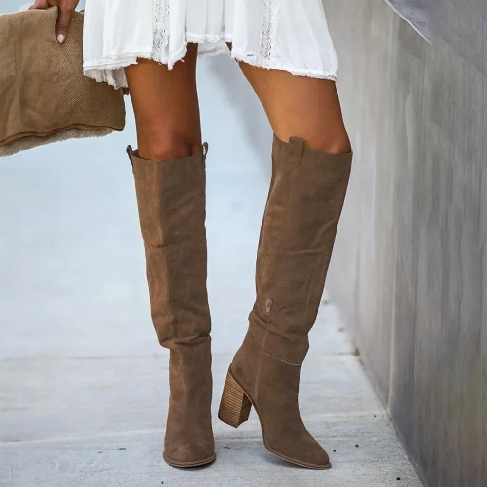 Women's 1 Khaki Suede Knee-high Boots Fall Boot Chunky Block High Heel